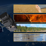 View of Earth from space with a Sentinel-3 satellite model orbiting above. Four small images are overlaid: an agricultural field, an active wildfire, a deforested area, and a flooded road, representing different land and climate monitoring scenarios.