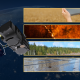 View of Earth from space with a Sentinel-3 satellite model orbiting above. Four small images are overlaid: an agricultural field, an active wildfire, a deforested area, and a flooded road, representing different land and climate monitoring scenarios.