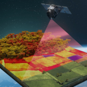 Illustration of the FLEX satellite observing forests and farmland above Earth.