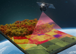 Illustration of the FLEX satellite observing forests and farmland above Earth.