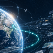 Earth surrounded by layered satellite imagery and geospatial data, with a luminous path emerging through the complexity.