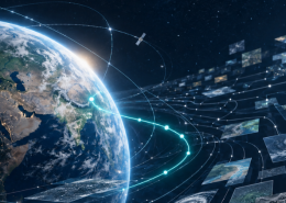 Earth surrounded by layered satellite imagery and geospatial data, with a luminous path emerging through the complexity.