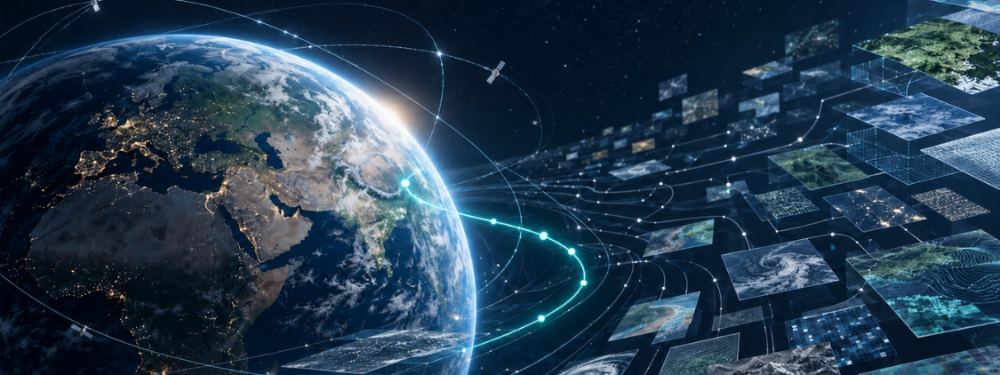 Earth surrounded by layered satellite imagery and geospatial data, with a luminous path emerging through the complexity.